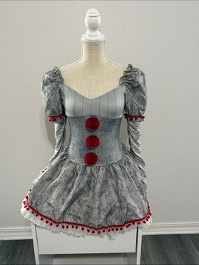 Penny Wise Grey and Red Clown Costume Dress with Pom Details